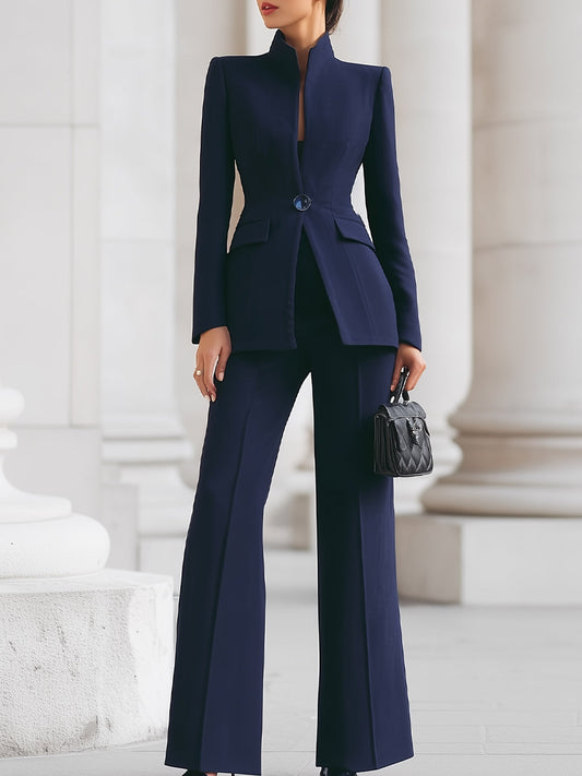 GHITA - Completo navy con blazer alto e pantaloni wide leg — foto 2