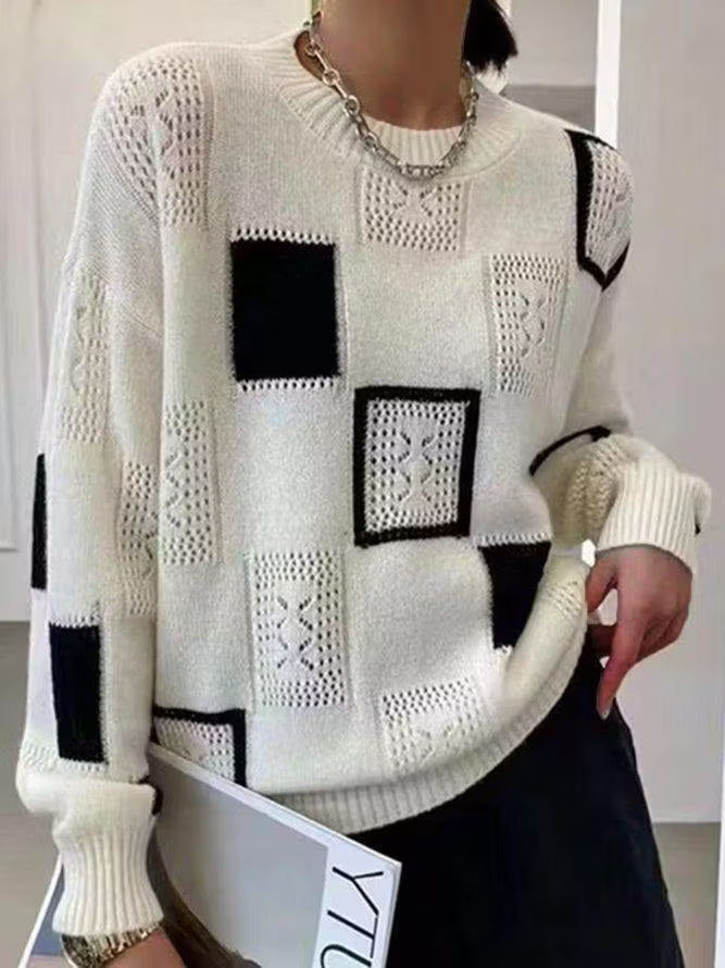 GABRIELA - Jersey patchwork artístico blanco negro y amarillo