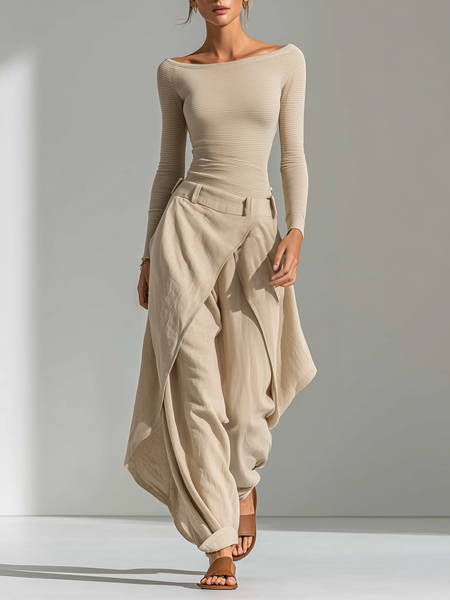 VIOLA - Conjunto beige de punto y lino con pantalón cruzado