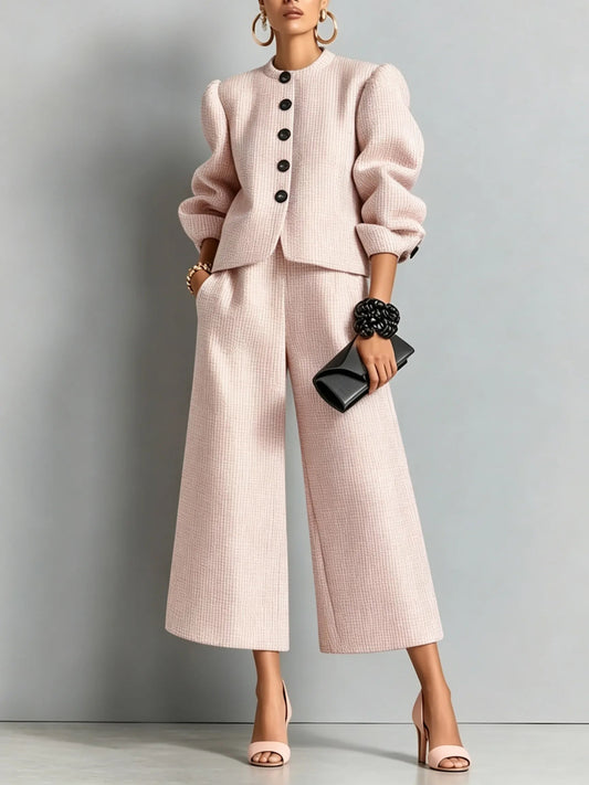 VALERIA - Traje de tweed rosa crop con mangas abullonadas y pantalón ancho