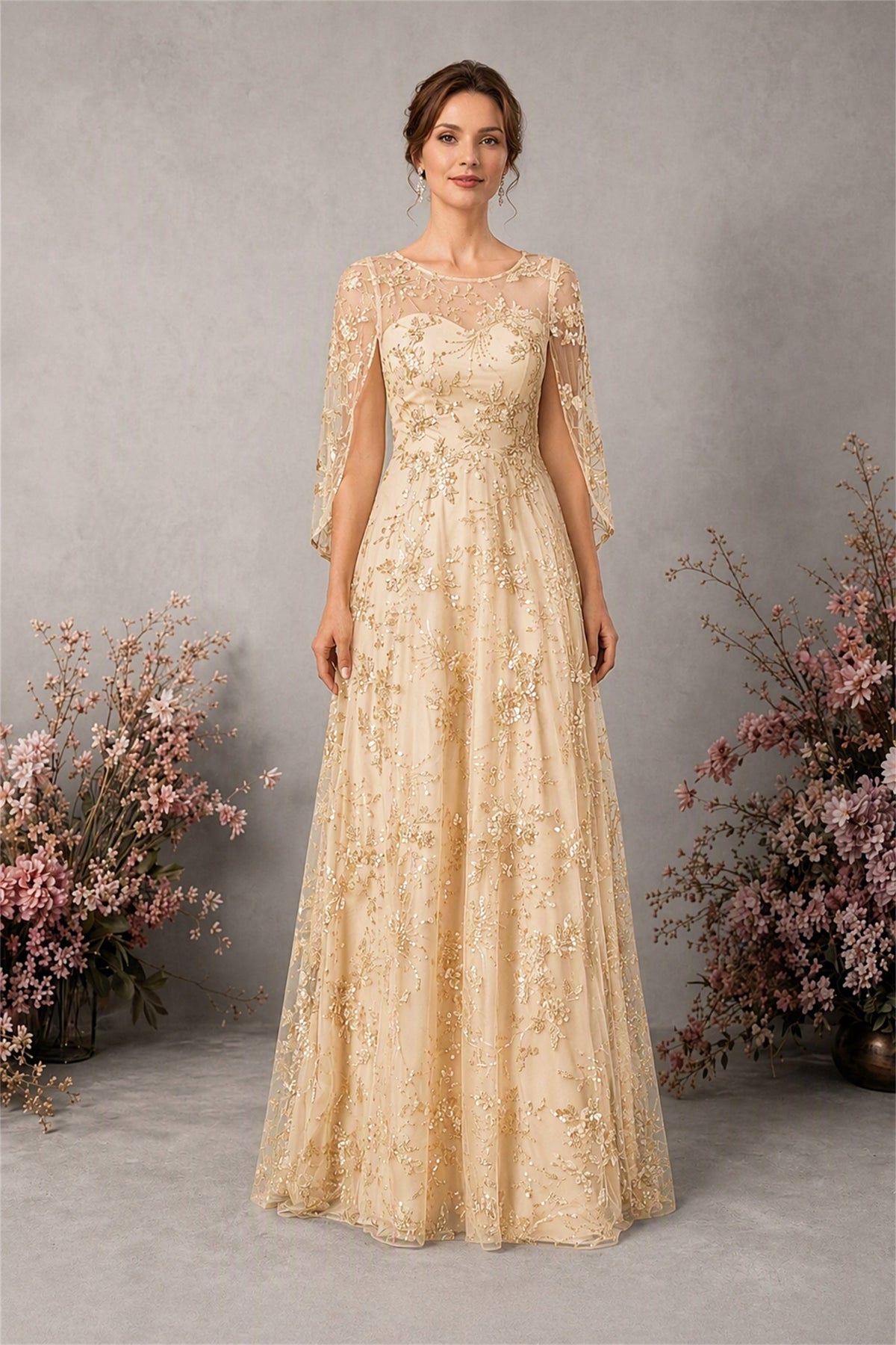 ELENA - Vestido largo de lentejuelas con capa de encaje en champagne