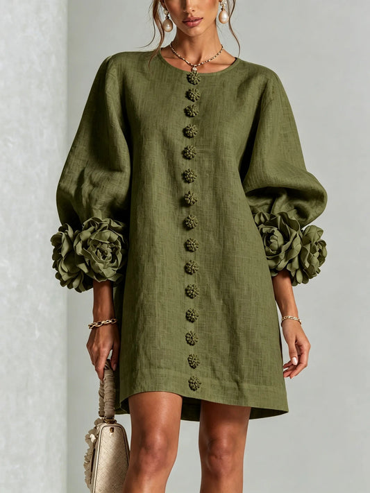 NICOLE - Vestido verde oliva texturizado con mangas florales