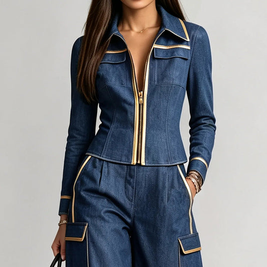 LUCÍA - Blusa vaquera azul con cremallera, cuello camisero y ribetes contrastados