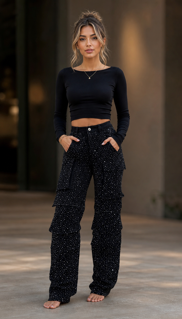 LUCÍA - Pantalón palazzo brillante con strass